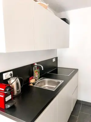 a kitchen with a sink and white cabinets at Sunshine Apartments Golte - Sauna in Mozirje