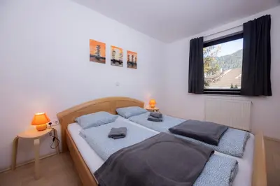 a bedroom with two beds and a window at Apartmaji Anže Kranjska Gora in Kranjska Gora