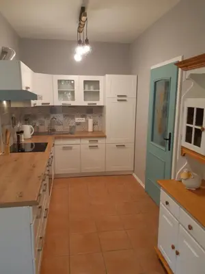 a kitchen with white cabinets and a blue door at SočaLand Apartmaji in Soča