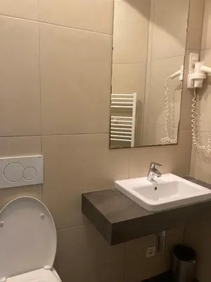 a bathroom with a sink and a toilet and a mirror at Tiny Twix room in the City centre in Ljubljana