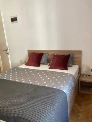 a bedroom with a bed with two red pillows at Twix rooms in Ljubljana