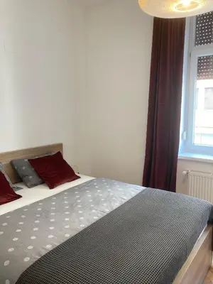 a bedroom with a large bed with a window at Twix rooms in Ljubljana