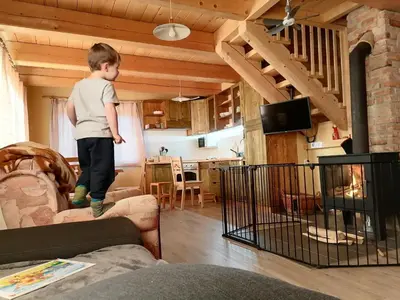 a young boy standing on a couch in a living room at Cottage Golenovo in Podvelka
