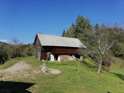 an old barn on a hill in a field at Cottage Golenovo in Podvelka