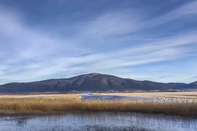 a mountain in the distance with a body of water at Apartment Lakeside Cerknica in Cerknica