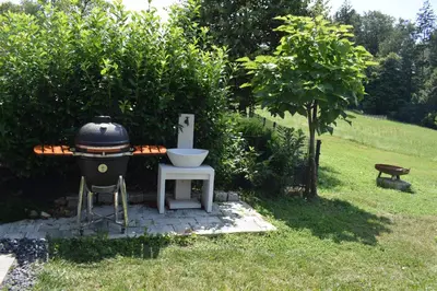a grill and a bowl on a table in the grass at Domačija Vrški in Slovenska Bistrica