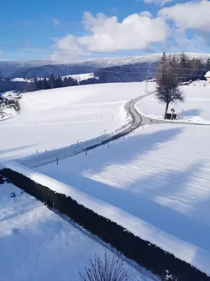 a snow covered field with a road in the distance at Apartma Tia in Zreče