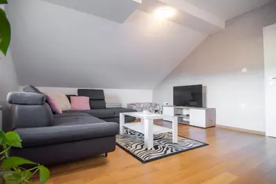 a living room with a couch and a tv at Apartma Tia in Zreče