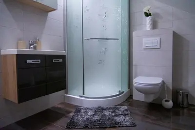 a bathroom with a shower and a toilet and a sink at Apartma Tia in Zreče
