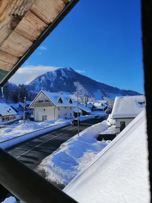 a view from a window of a snow covered village at Alpine Spirit - Family Apartment in Kranjska Gora