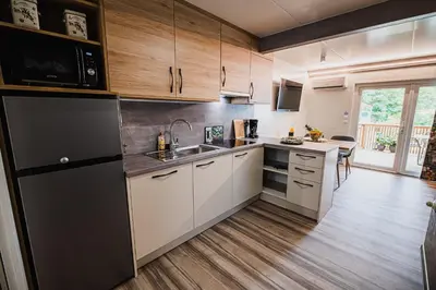 a kitchen with a sink and a counter top at Premium Mobile Homes with Thermal Riviera Tickets in Čatež ob Savi