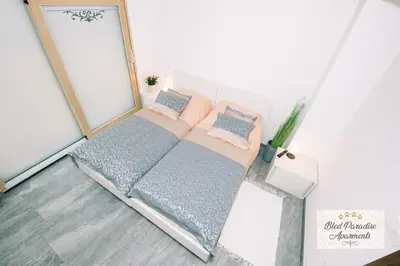 a small bed in a room with a mirror at Wellness Paradise Apartment in Bled