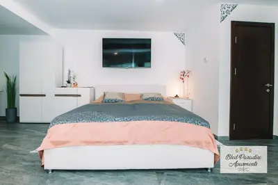 a bedroom with a large bed with a tv on the wall at Wellness Paradise Apartment in Bled