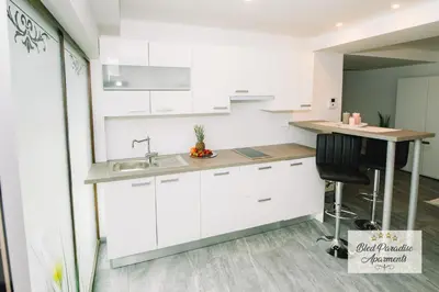 a kitchen with white cabinets and a sink at Wellness Paradise Apartment in Bled