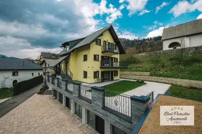 an aerial view of a house with a balcony at Wellness Paradise Apartment in Bled