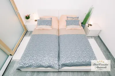 two beds in a room with a book at Wellness Paradise Apartment in Bled