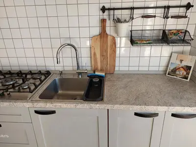a kitchen counter with a sink and a stove at Sleeping with bees - Tourist farm Muha in Grosuplje