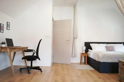 a bedroom with a bed and a desk with a computer at Fado Apartments Gornja Radgona in Gornja Radgona