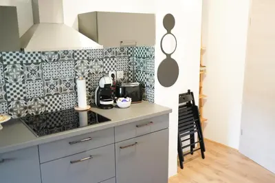 a kitchen with black and white tile on the wall at Fado Apartments Gornja Radgona in Gornja Radgona