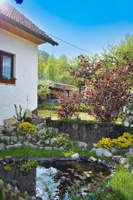 a garden with a pond in front of a house at Grajska kmetija in Kočevje