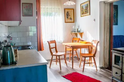 a kitchen with a table and chairs in a room at Grajska kmetija in Kočevje