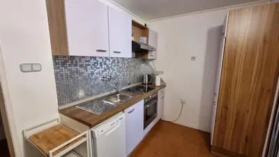 a small kitchen with white cabinets and a sink at Apartma Uršič in Kranjska Gora