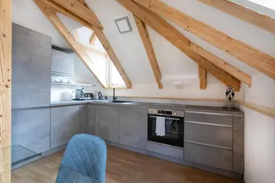a kitchen with stainless steel appliances and wooden beams at Bright & Spacious Loft In The Heart Of Old Town in Ljubljana