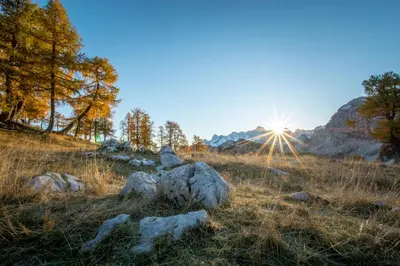 a group of rocks in a field with the sun at HOLIDAY HOUSE - River Bača in Most na Soči
