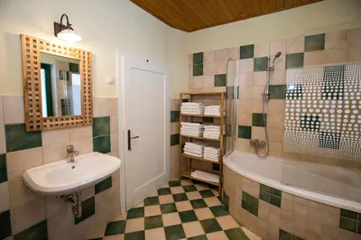 a bathroom with a sink and a tub at Cottage Suha in Bohinj