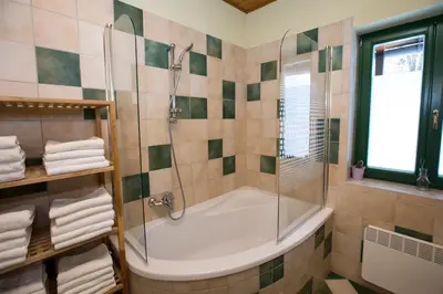 a bathroom with a tub and a glass shower at Cottage Suha in Bohinj