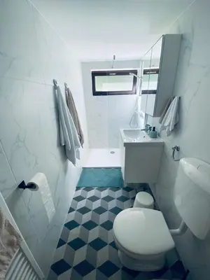 a bathroom with a white toilet and a sink at Apartma KAMNITNK in Škofja Loka
