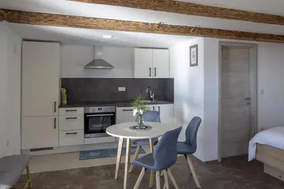 a kitchen and dining room with a table and chairs at Studio 1111 with Sauna & Hot Tub in Dravograd