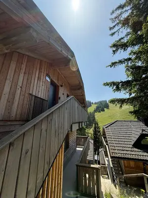a large wooden building with a porch and a balcony at OTTA Apartments Golte C2 in Mozirska Koča