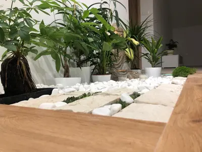 a table with rocks and plants on it at Garden House in Kranj