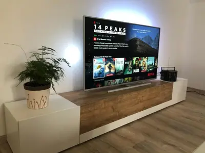 a flat screen tv on a white stand with a potted plant at Garden House in Kranj