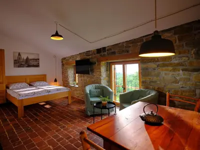 a living room with a bed and a table at Tomažev SVET in Zgornje Škofije