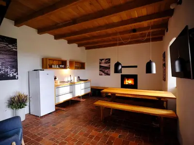 a kitchen with a wooden table and a fireplace at Tomažev SVET in Zgornje Škofije
