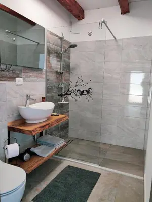 a bathroom with a sink and a shower at Homestead Zavadlal - Domačija Zavadlal in Komen