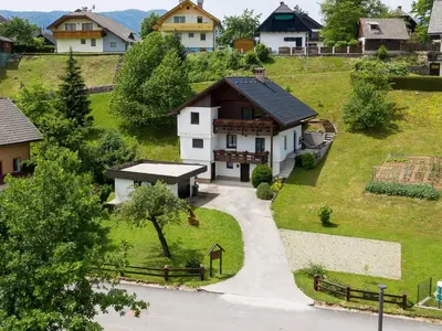 a house on a hill with a driveway at Alpinia apartments in Bled