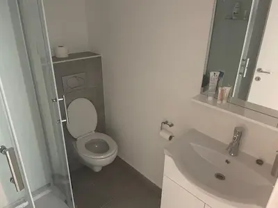a bathroom with a toilet and a sink and a mirror at Room AA in Dravograd