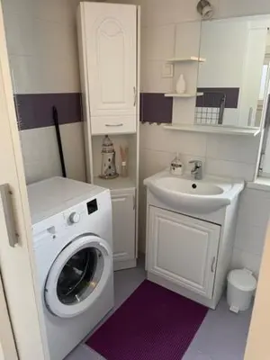a small bathroom with a washing machine and a sink at Cute Spot in Ljubljana in Ljubljana