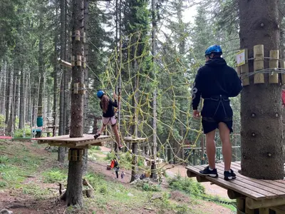 two people standing on a wooden platform in a forest at Apartma Lilija Golte in Mozirje