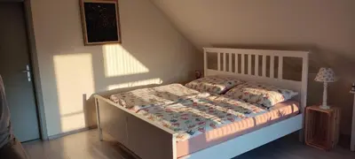 a bedroom with a white bed with a comforter at Wooden House Gabra in Podnart