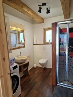 a bathroom with a sink and a toilet and a shower at Wooden House Gabra in Podnart