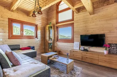 a living room with a couch and a flat screen tv at House Of Nature With Sauna And Tents - Happy Rentals in Planina pri Sevnici