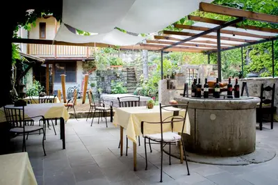 a patio with tables and chairs and a bar at Toncevi Eco Estate in Branik