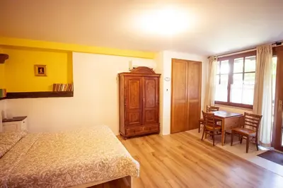 a bedroom with a bed and a desk and a table at Toncevi Eco Estate in Branik