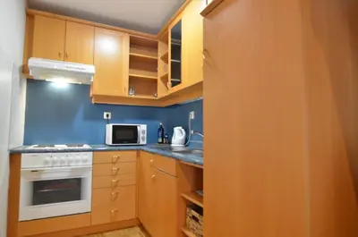 a kitchen with wooden cabinets and a microwave at Apartments Vektor Vila Golf in Rogaška Slatina