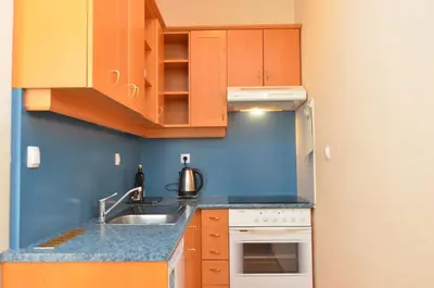 a kitchen with wooden cabinets and a sink at Apartments Vektor Vila Golf in Rogaška Slatina