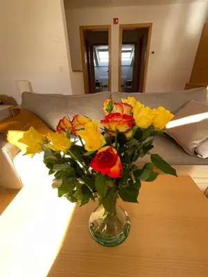 a vase filled with colorful flowers on a table at JZ Apartments - Pohorje in Maribor